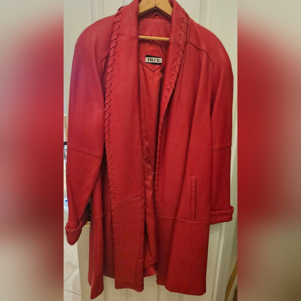 Vintage Tibor Red Leather Trench Coat Open Front Duster Jacket Women Sz 1X